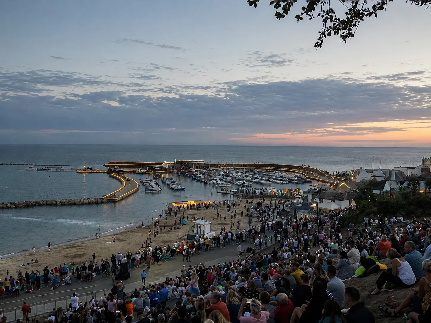 lyme regis cobb and beach during summer fireworks night