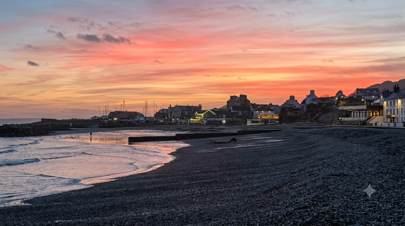 lyme regis pebble beach at sunset overlooking its famous cobb and harbour