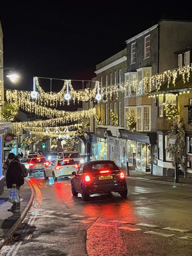 christmas lights hung up on lyme regis high street jurassic coast